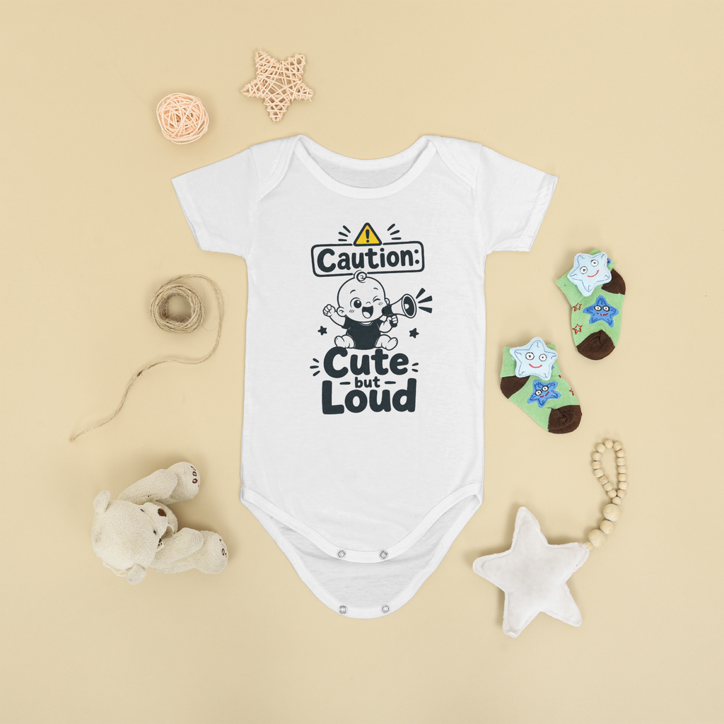 CAUTION: CUTE BUT LOUD SHORT SLEEVE BABY ONESIE