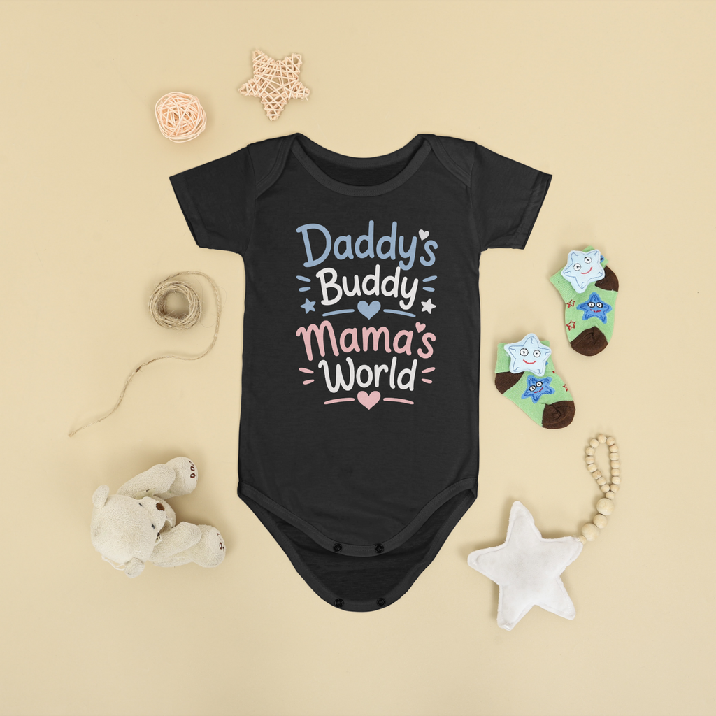 DADDY'S BUDDY MAMA'S WORLD SHORT SLEEVE BABY ONESIE